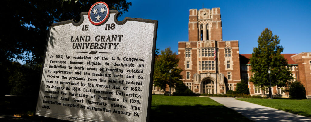 Land Grant University sign in front of Ayres Hall on November 03, 2020. Photo by Steven Bridges/University of Tennessee